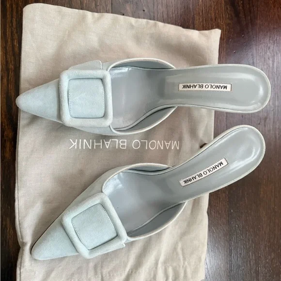 Manolo Blahnik Maysale Suede Buckle Mules Light blue Size 10.5 - Picture 1 of 5